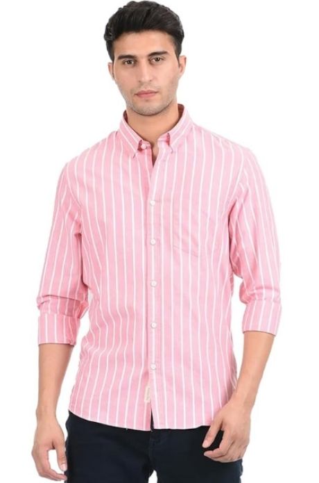 Men Striped Regular Fit Pink Shirt
